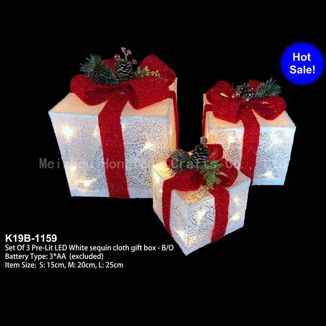 6”/8”/10” Pre-Lit White Sequins Parcels Set With 35 LED Lights,Indoor or Outdoor Decorations - Battery OperatedHoliday Decoration for Patio, Lawn & Garden,