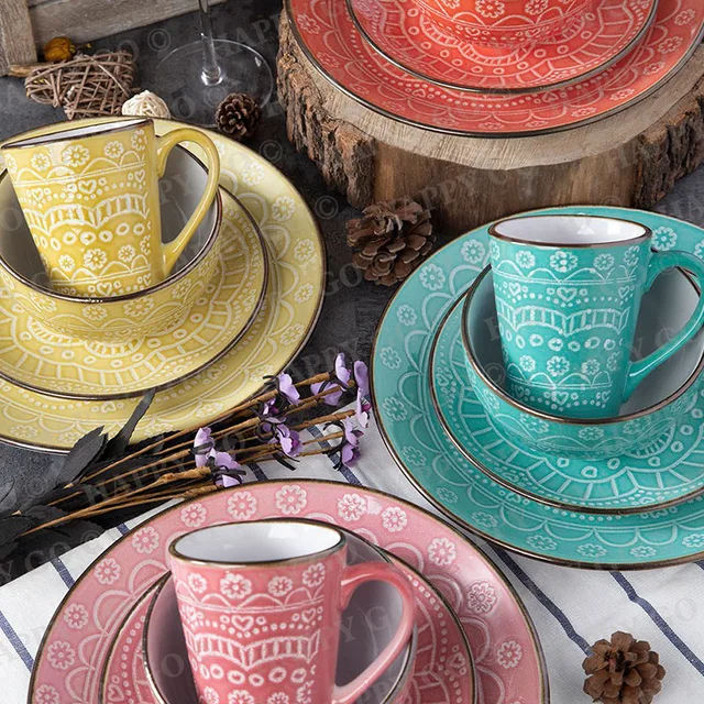 Pad printing wild flowers design with reactive effect and metallic rim stoneware dinnerset