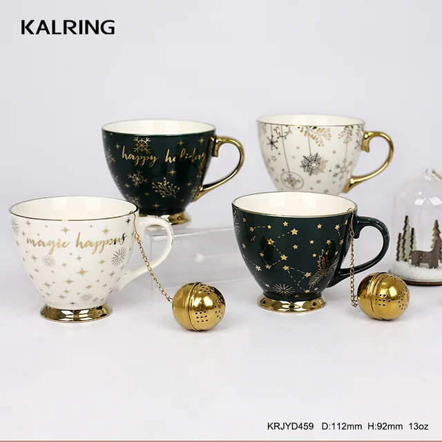 Ceramic mug high footed mug for coffee for christmas with real golden handle with filter