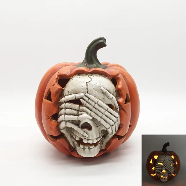 Halloween Ceramic Skull & Pumpkin Lantern with Led Candle