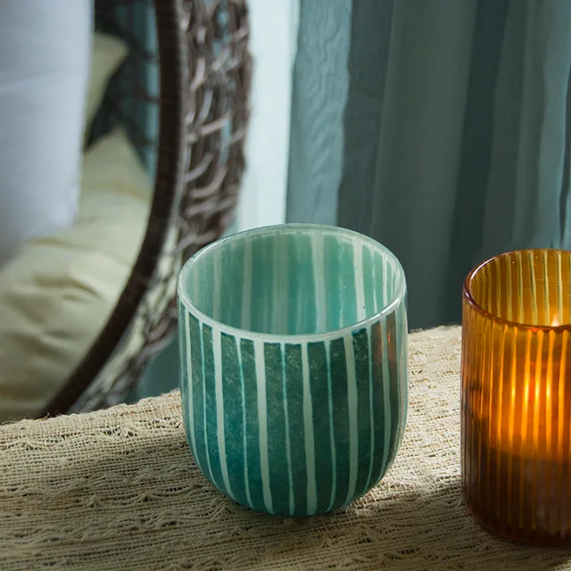 Handmade color art Glass tealight Candleholder G07-60-1-W39FGSK Carved Sky blue