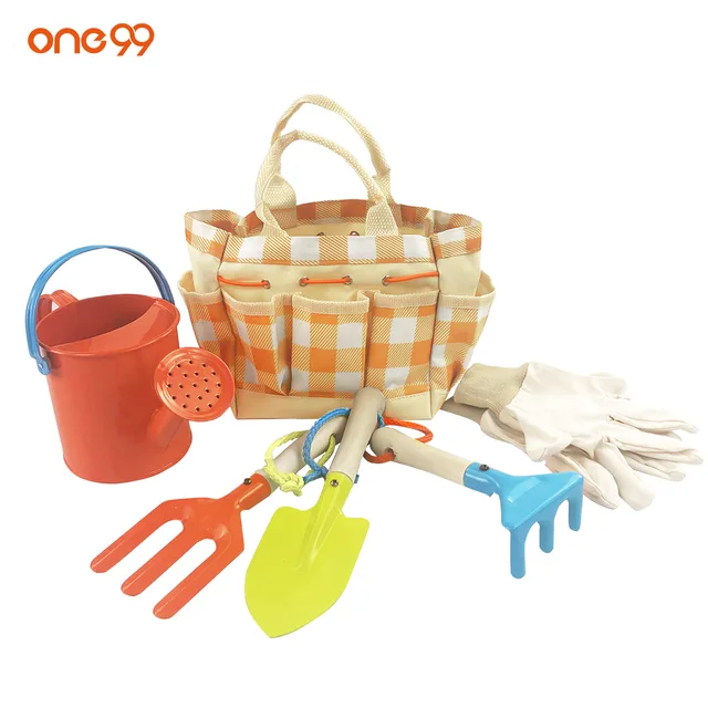 One99 custom gardening tool set bag designed for kids include Tote Bag Spade Watering Can Rake Fork Trowel