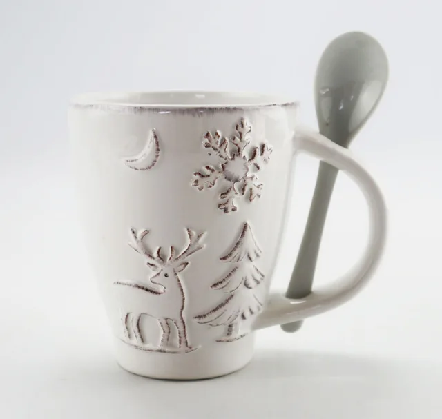 Embossed design with antiqued white glazed finish cup,mug with spoon
