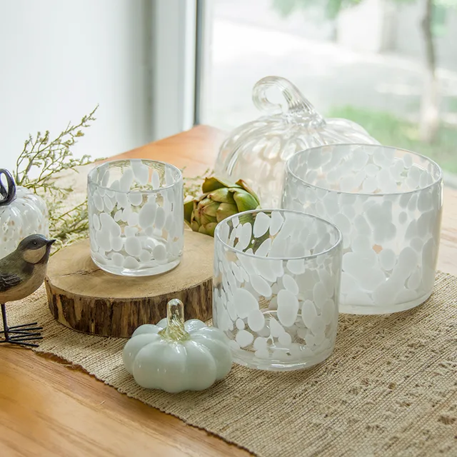 Handmade mouth-blown color art Glass Vase tealight Candleholder G1518,G1411,G1214,G1212,G1010,G04-110 Clear-White dot