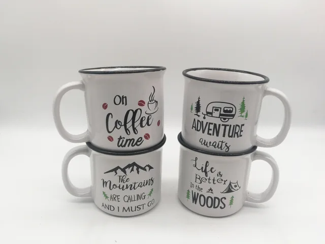 9OZ stoneware mug with decal and black rim