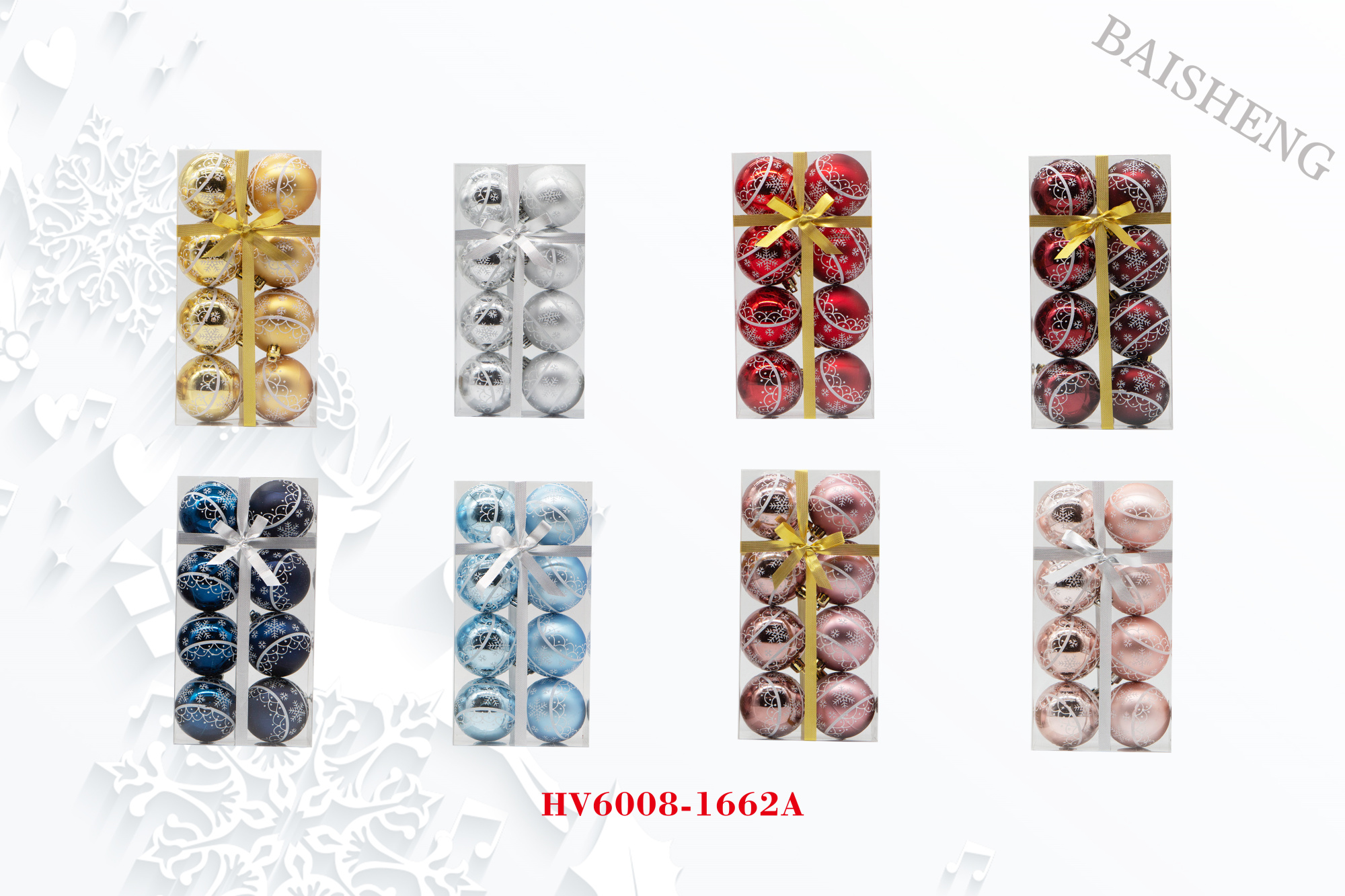 6cm Painted Christmas Balls, 8pcs In PVC Box With Ribbon