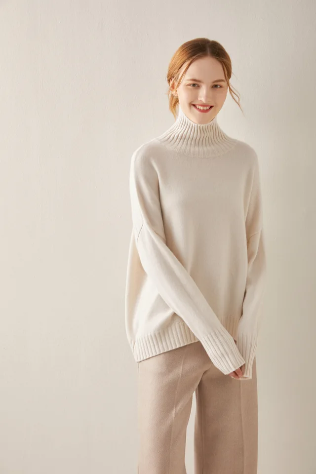 High neck loose solid color thickened knitted women's Pullover