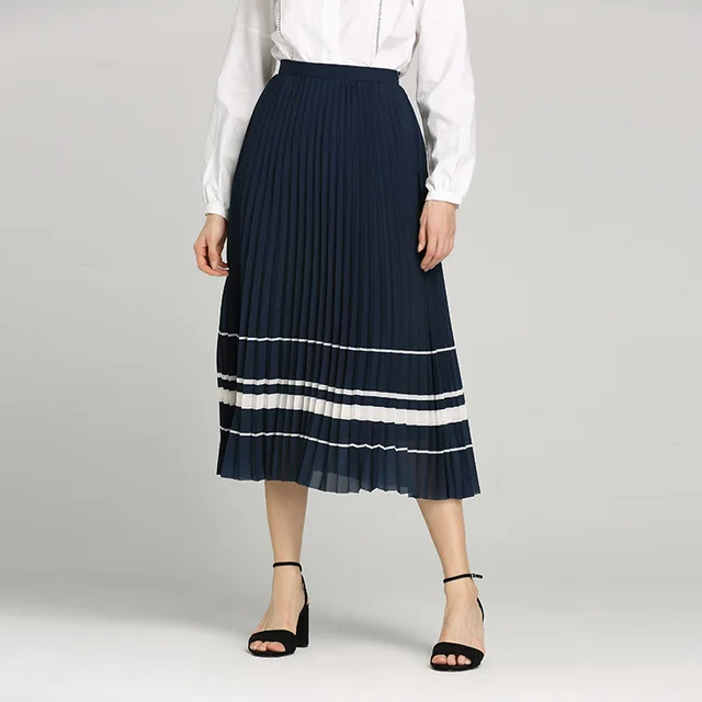 2020 Wholesale top fashion new navy white stripe printed pleated elegant women casual long skirt