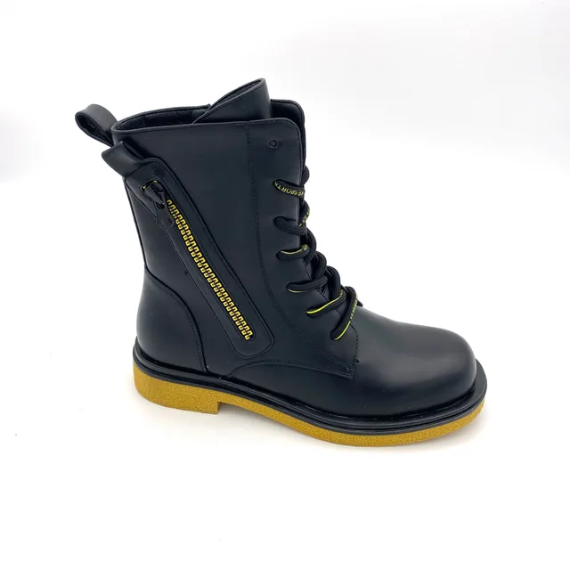 Boys Girls Leather Waterproof Outdoor Lace-Up Zipper Mid Calf Combat Boots