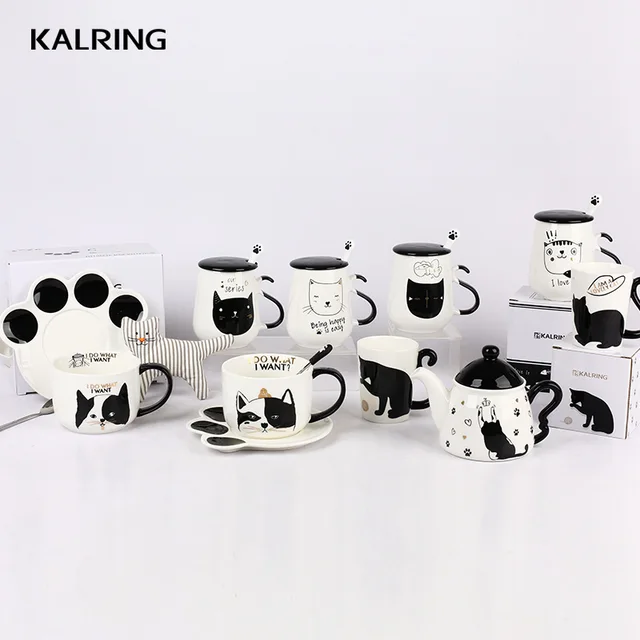 Ceraimc Dinner set Gift mug plate tea pot with color handle with elegant cat design