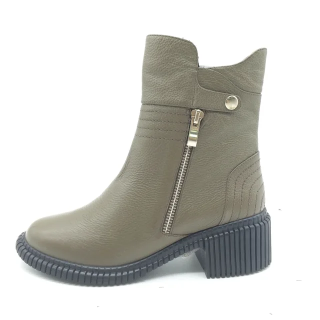 Leather woman low heel casual comfort boots