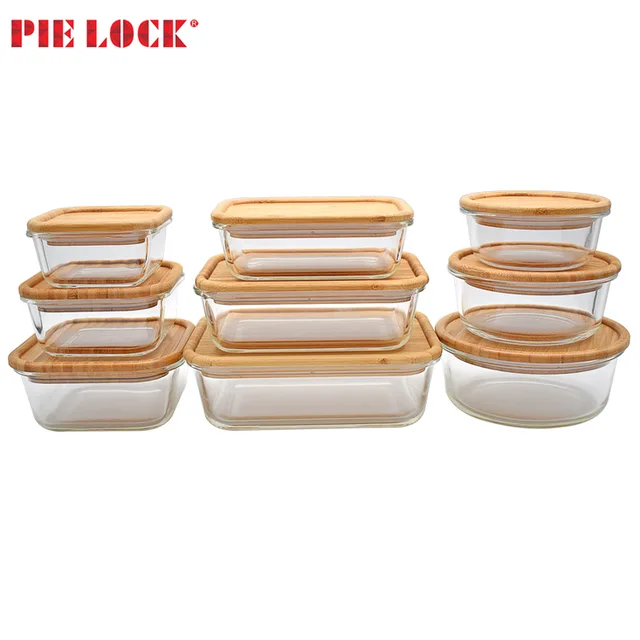 Glass food container with bamboo lid