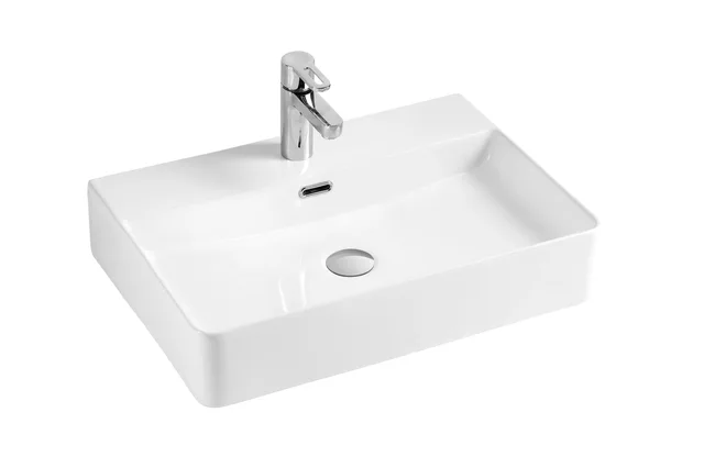 Above ceramic white rectangular vessel bathroom sink with overflow