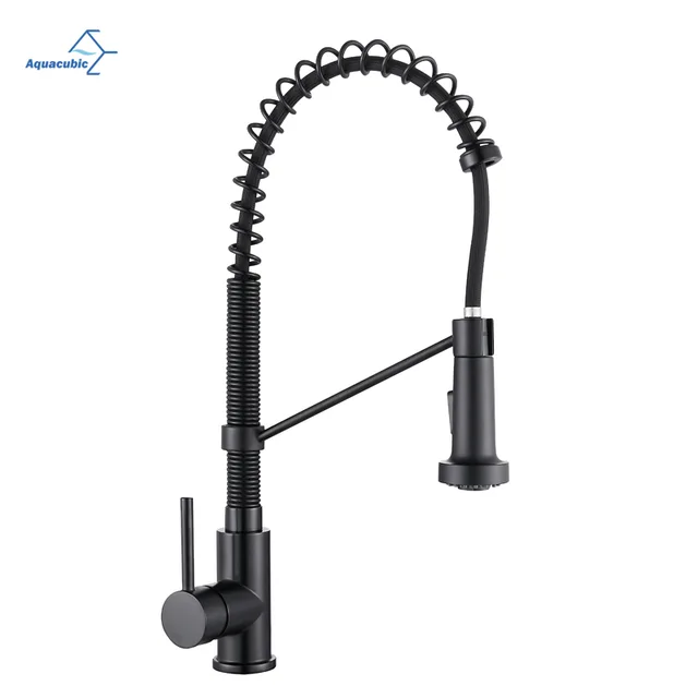 Aquacubic Factory Direct Lead Free Solid Brass Cupc Certified Deck Mounted Single Handle Pull Down Spring Black Kitchen Faucet