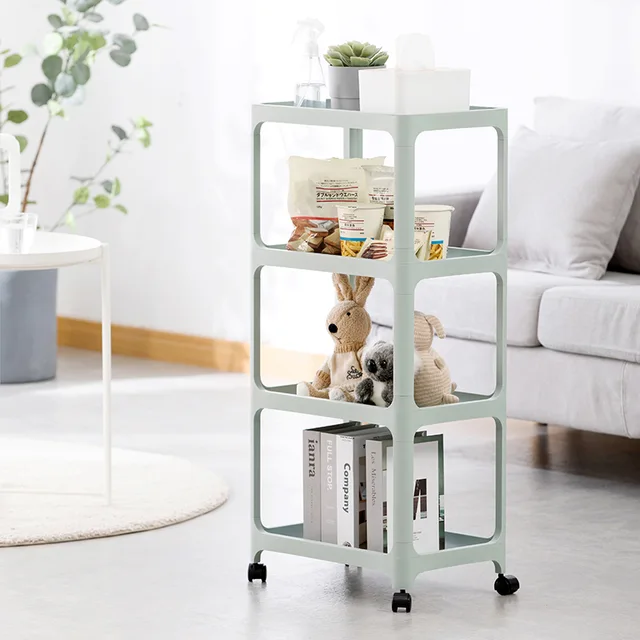 Portable & mobile multi-tiers plastic rack shelf organizer rolling organizer shelf display rack for narrow areas