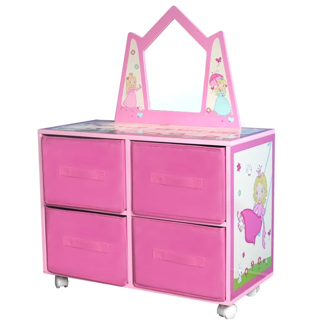 Wooden Kids Dresser With 4 Fabric Bins