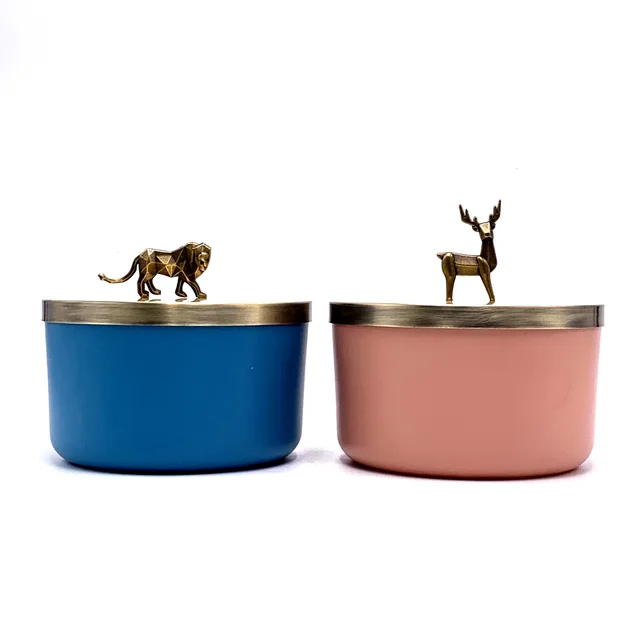 Luxury colored dear metal aminal lid decorative wax cup candle jar