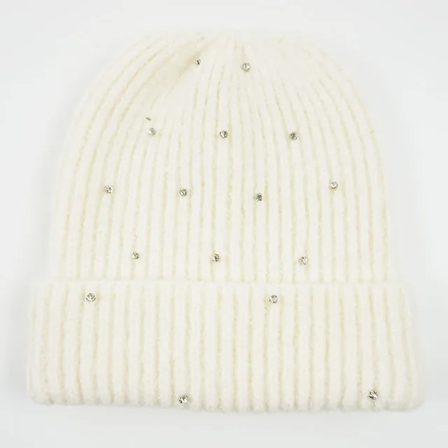 Ladies rib knitted beanie with gems