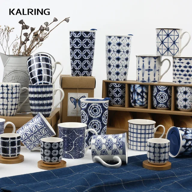 Ceramic mug coffee cup with elegant blue design
