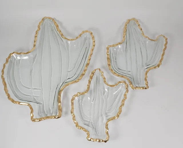 Cactus shaped glass plate with gold rim