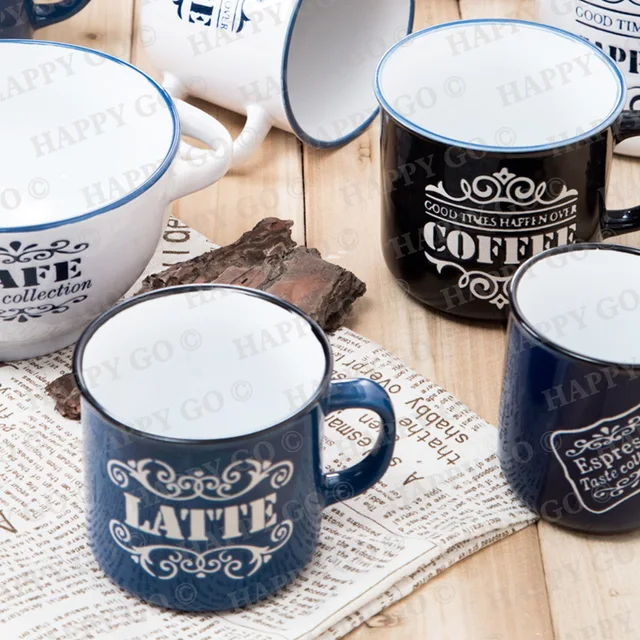 Customized Stoneware mugs imitation of enamel with cofee latte cappucino etc printing