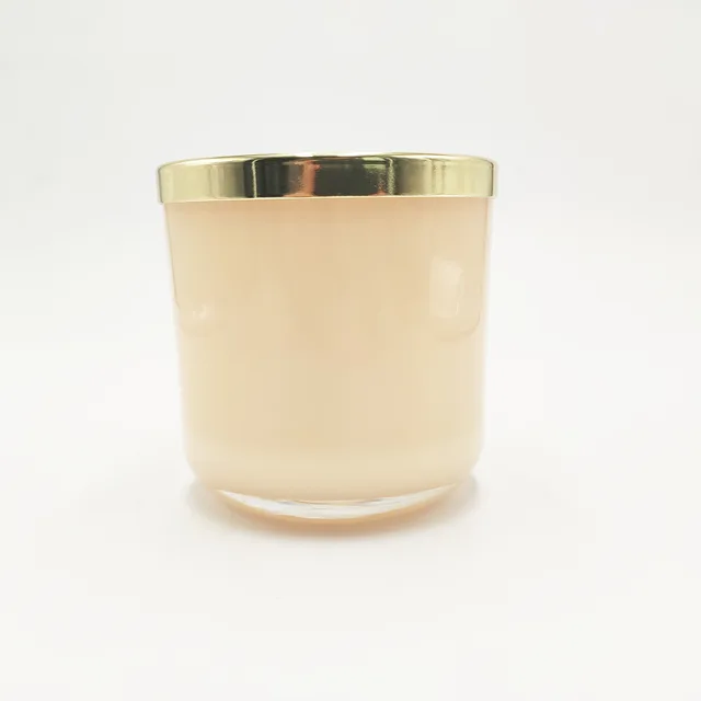 10cm height cream color glass candle jar with unique hollow-out metal lid