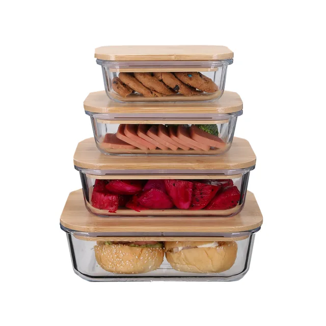 High borosilicate glass food container with bamboo wood lid in rectangular shape