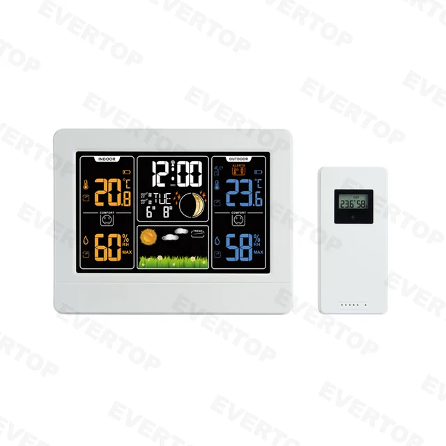 Rf Color Screen Weather Station Clock With Indoor And Outdoor Temperature And Humidity Et818e