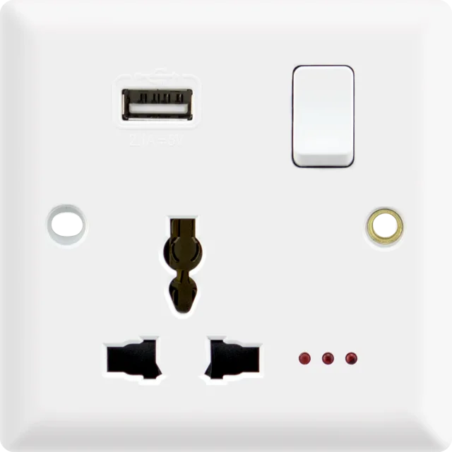 13A 1 gang switched Multi socket (3 pin) + neon+USB