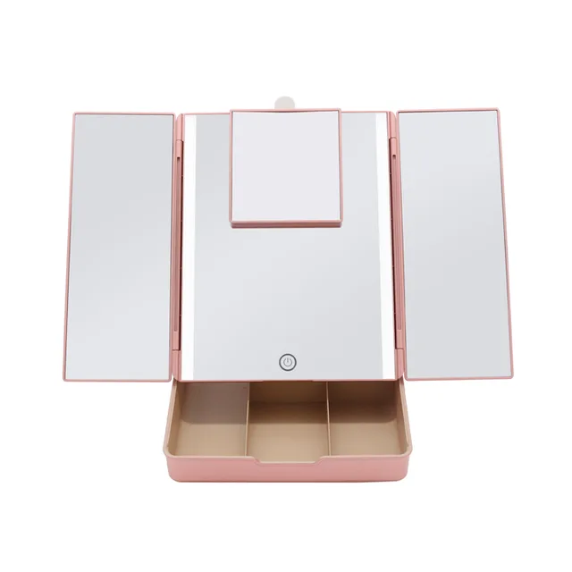 Amazon Best Seller Light Tri Foldable Cosmetics Organizer Makeup Mirror