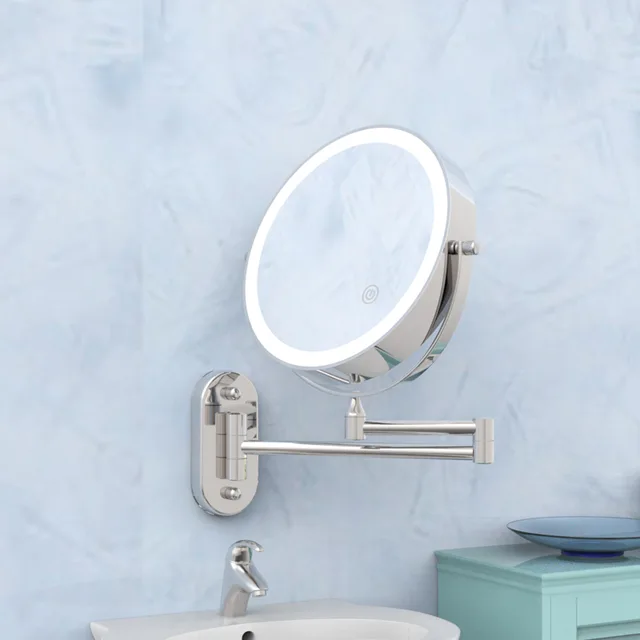 RM307 Arm extend Bath Mirror with 5X magnifying touch sensor switch makeup mirror Shaving mirror with rechargeable battery