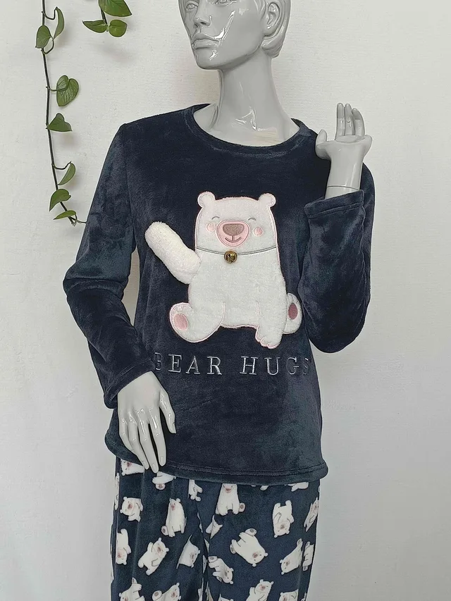 Ladies fleece solid+print emboridery bear pyjamas loungewear