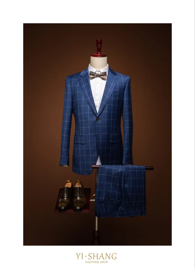 YISHANG Wrinkle resistant blue plaid suit with flat button-down collar