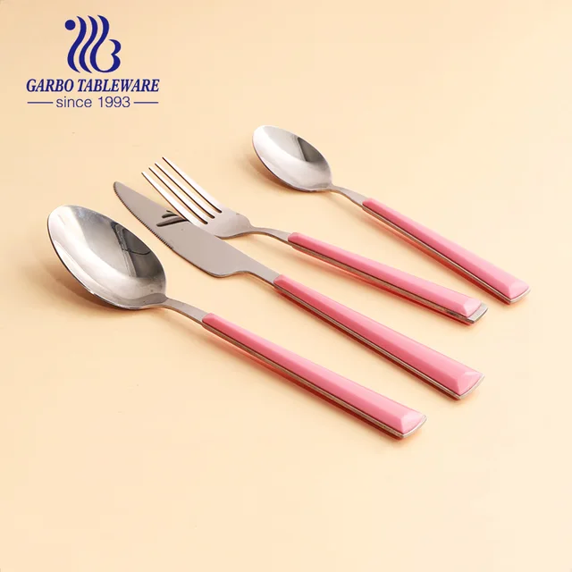 SS410 cheap tableware set mirror polish 16pcs cutlery set with plastic handle