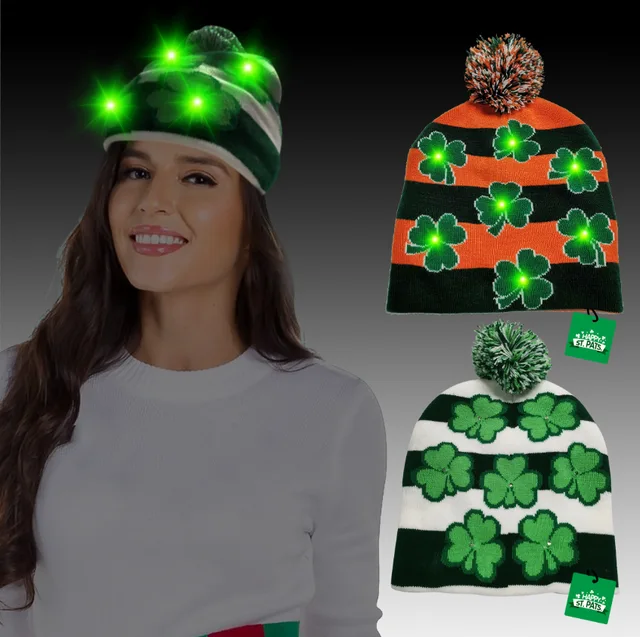 Light Up Short Knitted Hat w/Clover Pattern