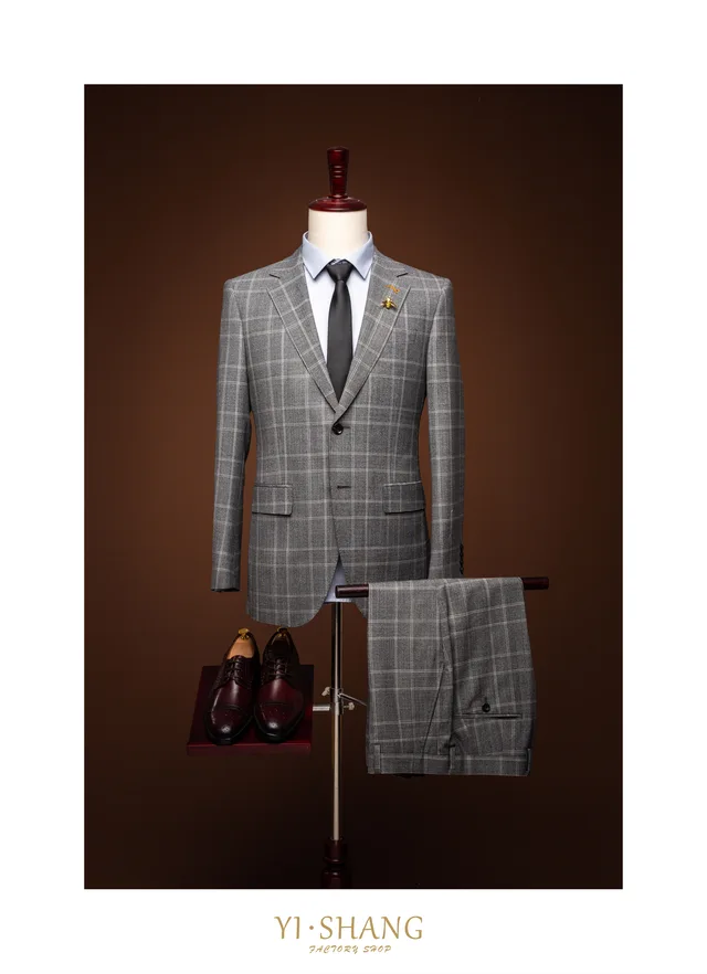 YISHANG grey checkered flat mottled collar suit