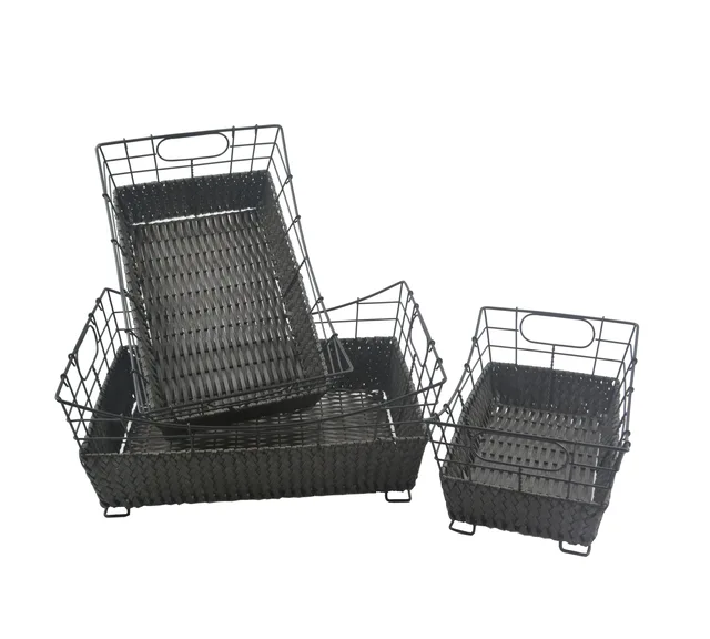 Black metal and PE rattan storage basket set