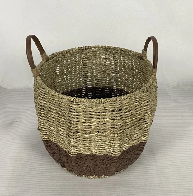 YR21032924 zhengheshun kitchen furniture seagrass and paper rope basket with PU handle