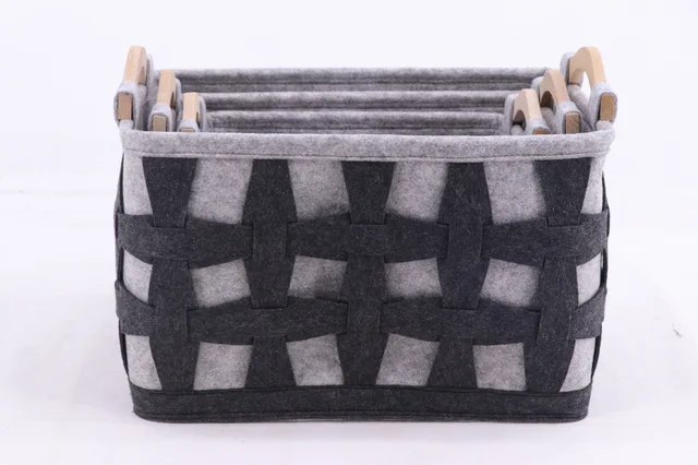 Set of 3 rectangular felt storage basket with wood handle, toy storage organizer, laundry hamper basket