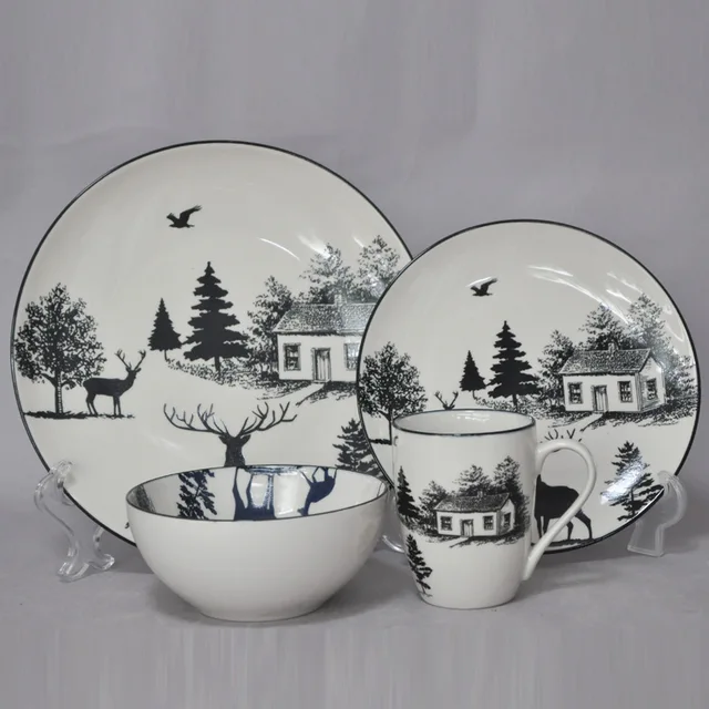 Tableware Ceramic Plate Bowl Cup Chinese Ink Style Ceramic Bowl Plate Set Ceramic Cup Stroke 4-piece Cutlery Set