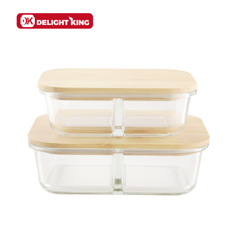 Divided glass food container with Divided Bamboo lid 2 compartments glass food containers set