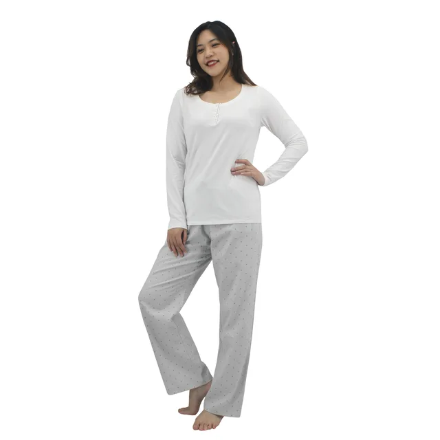 Ladies Knitted Long Sleeve Tshirt And Woven Brushed Check Yarndyed Pant Set