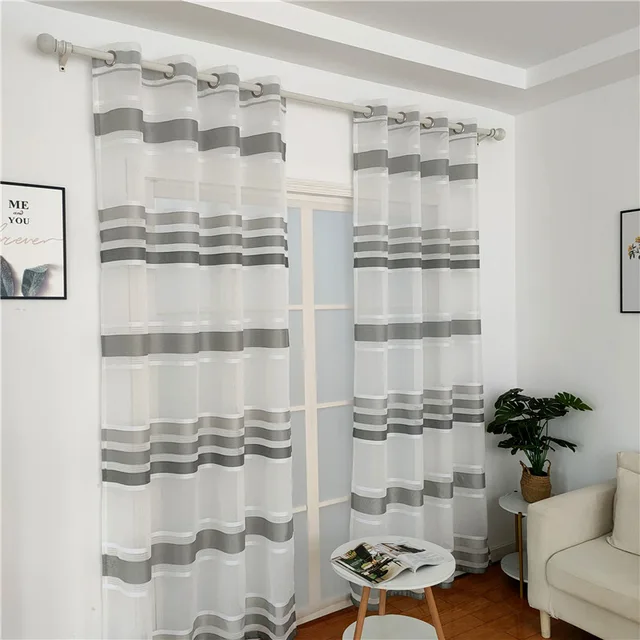 DF210103L Sheer Striped Curtains for Bedroom/Living Room Horizontal Striped Curtains Voile Grommet Top