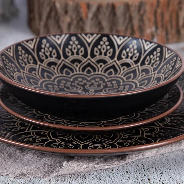18pc Dinner Set Pad Printing Mandala Design With Red Clay Rim In Color Box（27.2cm Dinner Plate; 19.5cm Salad Plate; 20cm Soup Bowl)