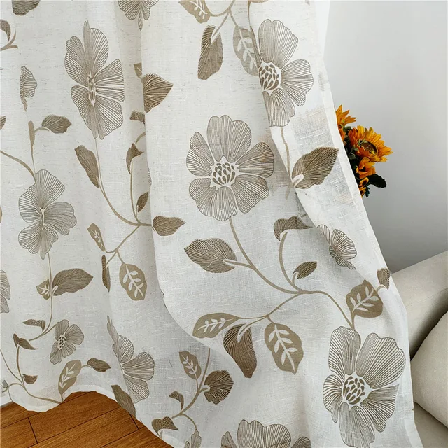 NICEFAR Curtain Panels Linen Blend Textured , Leaf Flower Printed linen fabrics Sheer Curtain
