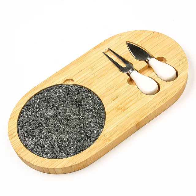 Bamboo Cheese board set with marble stone and 2 cheese knives