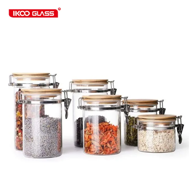 Bamboo lid glass food storage jar