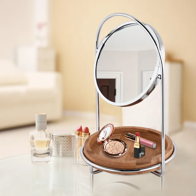 1688 gold color Table desktop vanity mirror double sides cosmetic with bamboo tray organizer