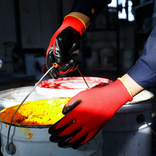 Red nylon/polyester with black nitrile gloves, anti slip,anti abrasion,oil proof