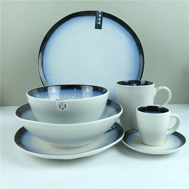 Reactive glaze white ceramic tableware dinner plates 16 pcs Chinese dinner set c